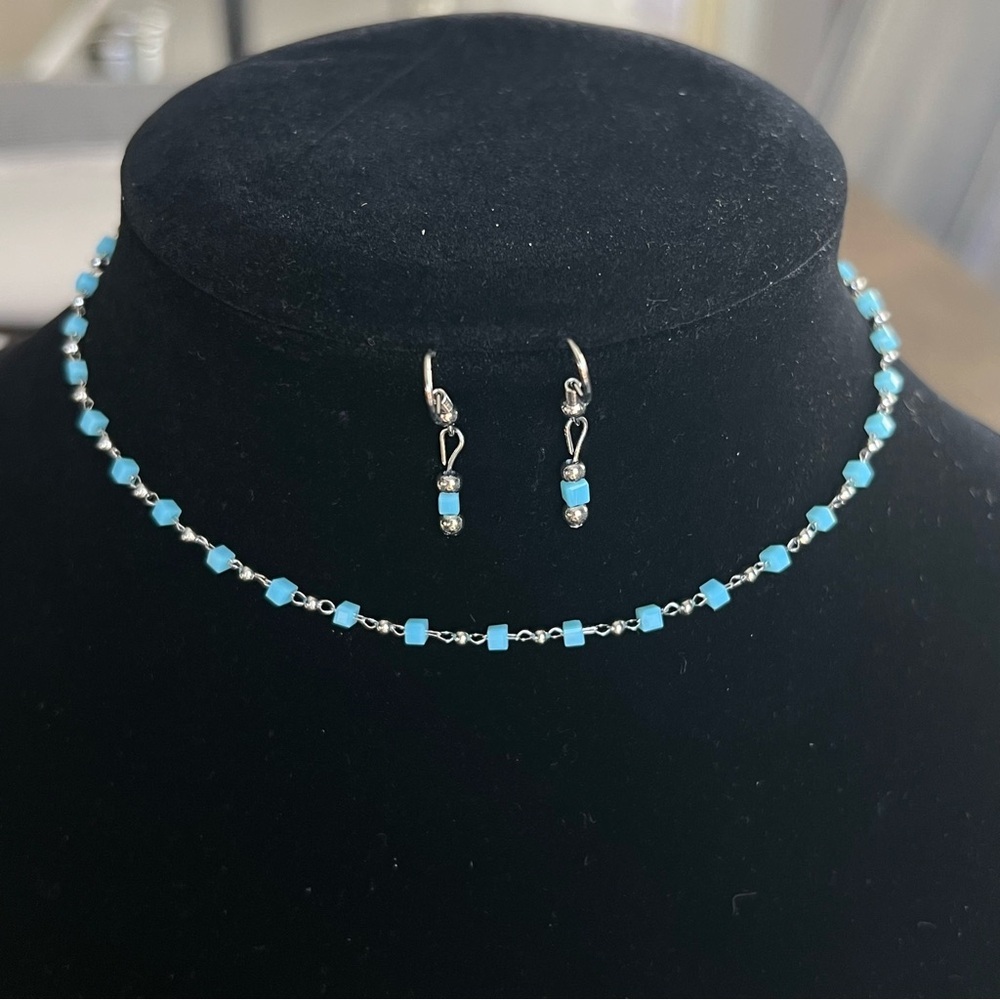 Dainty necklace and earrings Set turquoise blue and silver tone custom jewelry